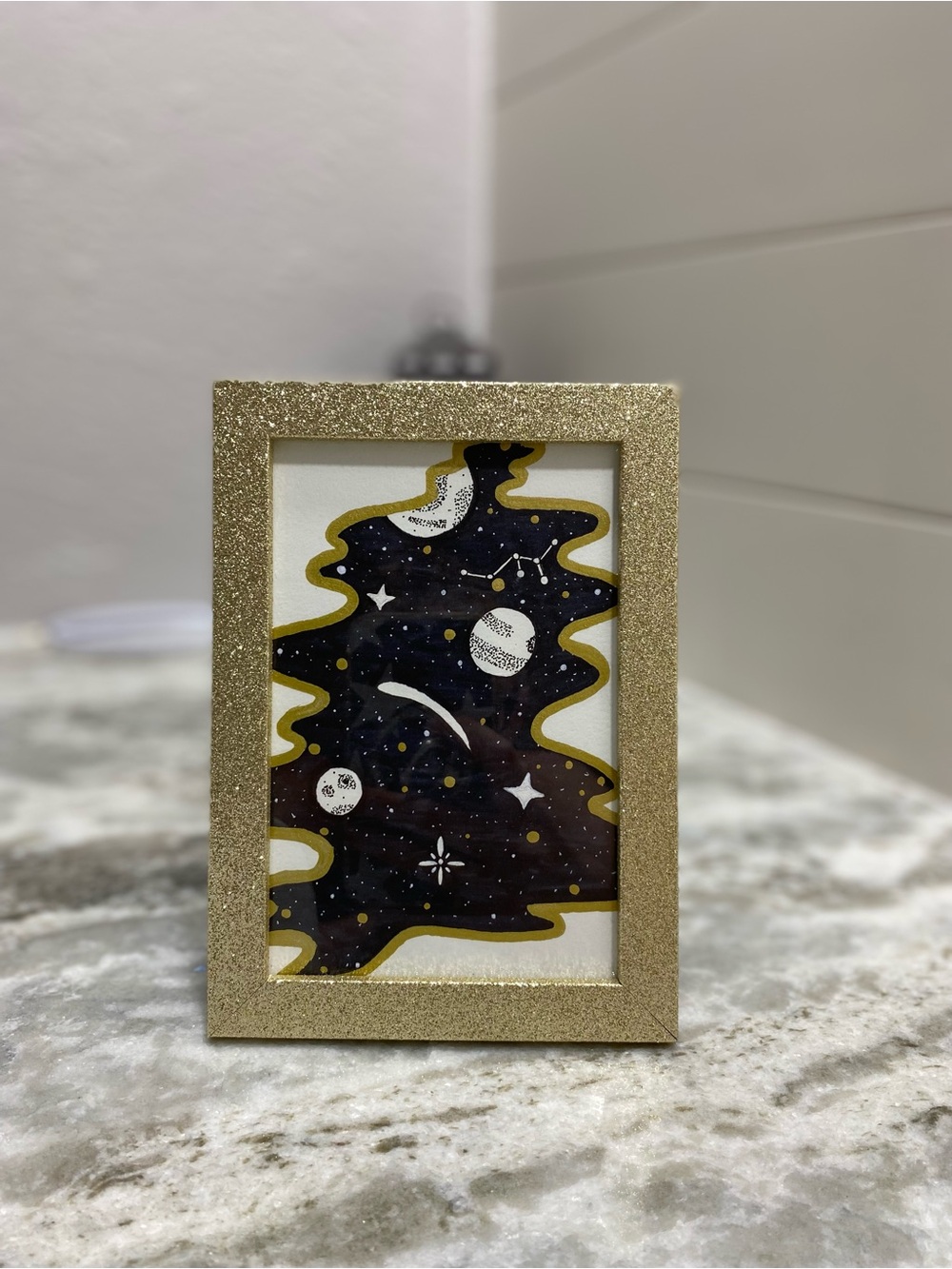 Hand Crafted Black & White Space Illustration w/ Gold Glitter Frame - Picture 5 of 8